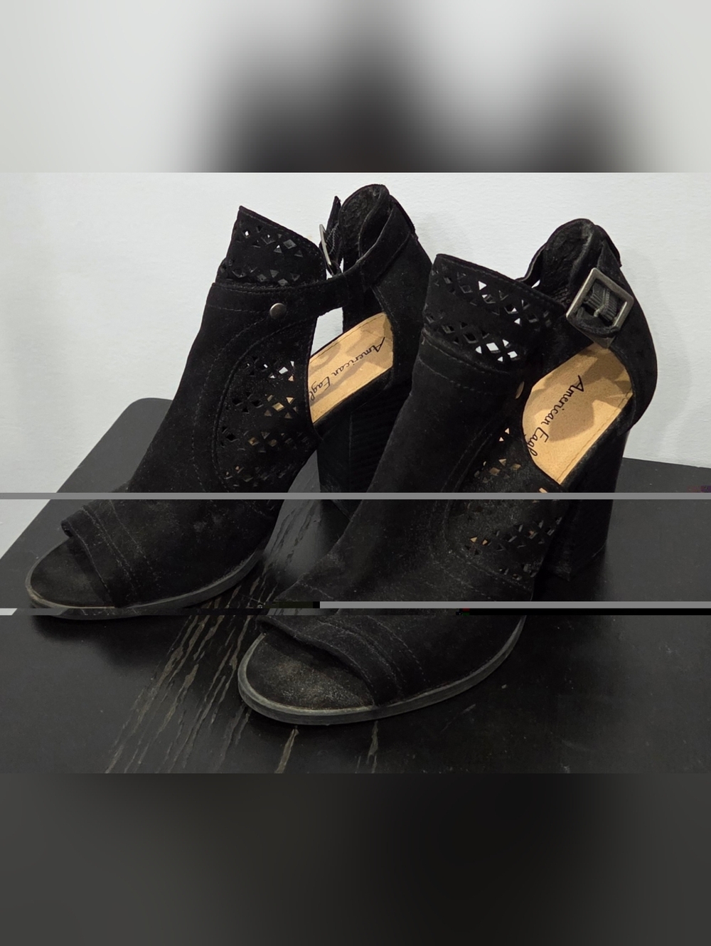 American Eagle Black Open-Toe Suede Cutout Heels